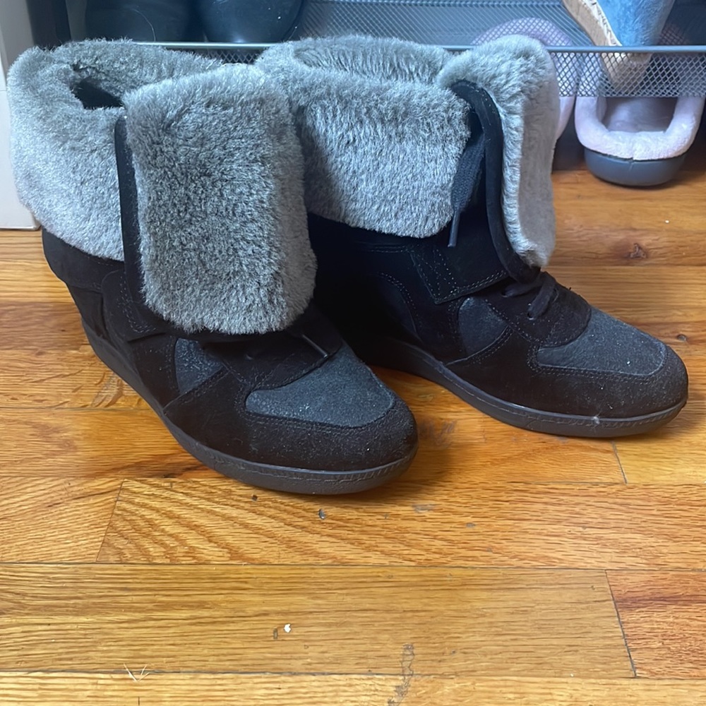 Ash Black Suede Wedge Sneakers with Gray Faux Fur Cuff
